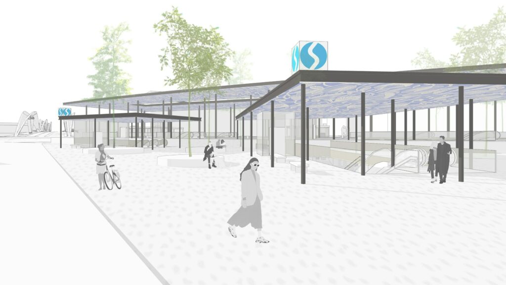 Haltestationen der Regionalstadtbahn in luftigem Design und Blaudruck Haltestationen der Regionalstadtbahn in luftigem Design und Blaudruck