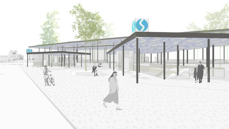 Haltestationen der Regionalstadtbahn in luftigem Design und Blaudruck